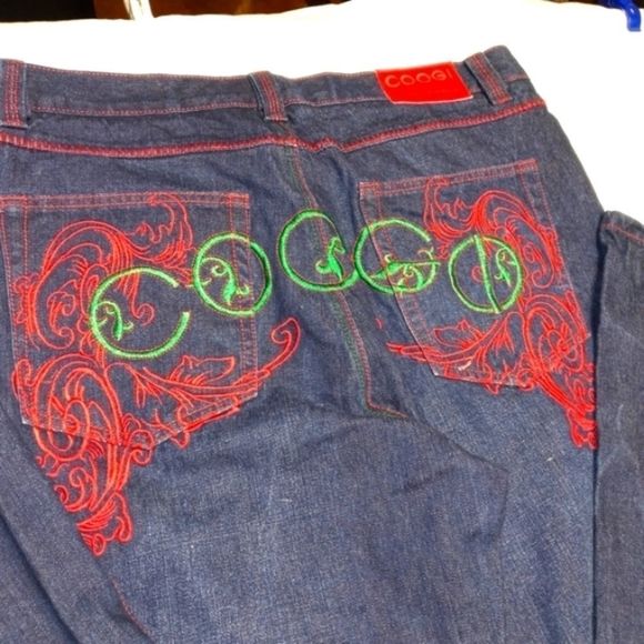 COOGI jeans dark wash rainbow embroidery spell out men W38 L34 denim multi-color